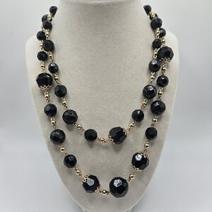 VINTAGE Bijoux Terner Black Faceted Gold  Tone Strand Bead Necklace